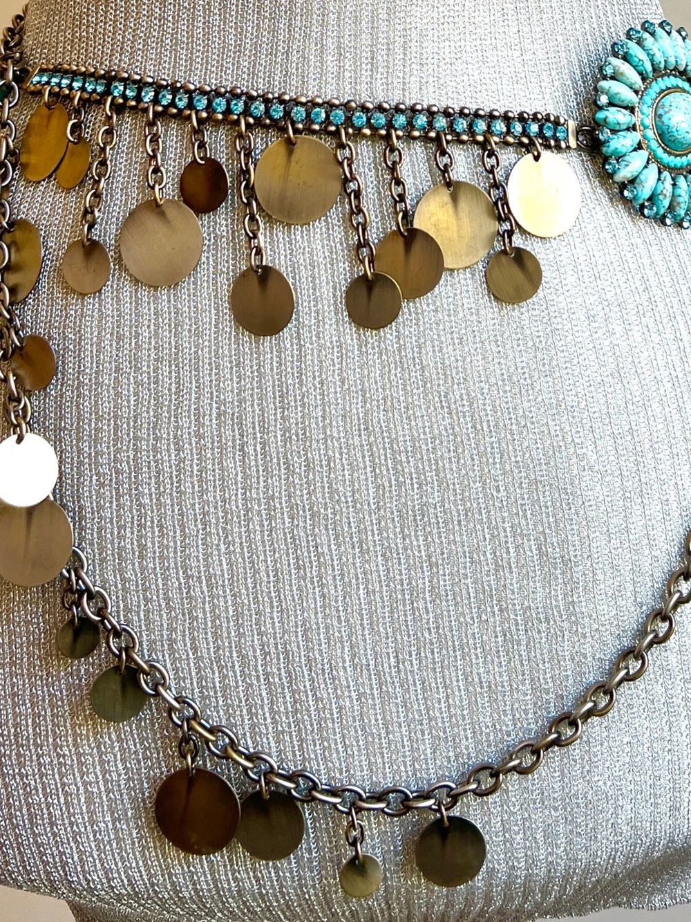 Belt, Boho, ethnic turquoise, colour rhinestone brass luxurious chain, coin belt